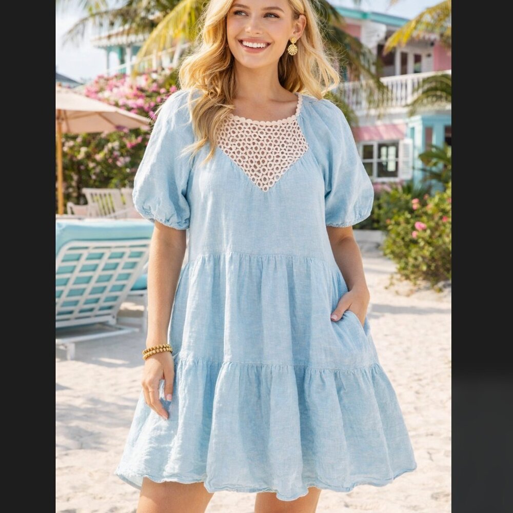 Lilly Pulitzer Charlet Linen Dress 16 Blue Puff Sleeve Tiered Lace Pockets Boho